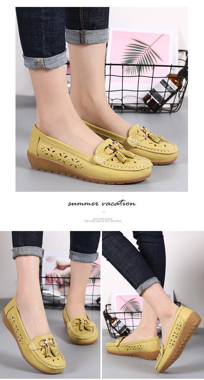 Stevvex yellow genuine leather espadrille flats with tassel accents and cutout perforations, pair on Tampa Home & Garden Store