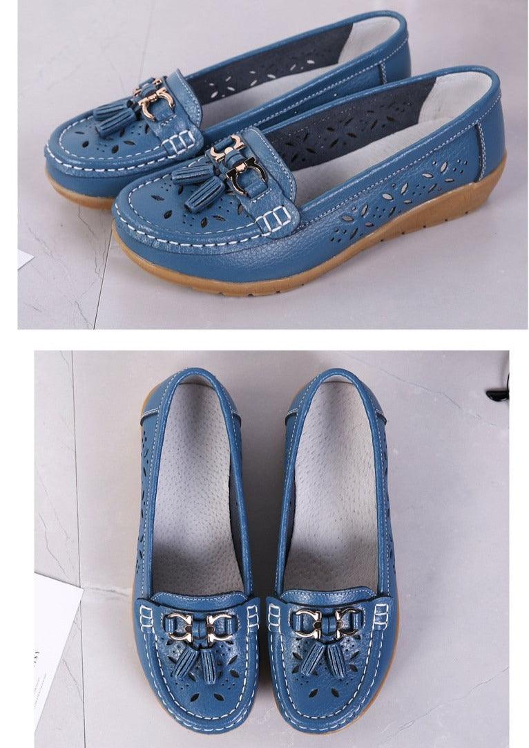 Stevvex blue genuine leather flats with tassels and perforated upper, 1 pair on Tampa Home & Garden Store