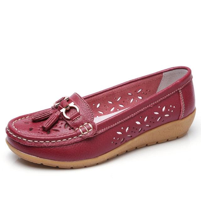 Women's burgundy leather flats with tassel and floral cutouts, tan sole Stevvex on Tampa Home & Garden Store