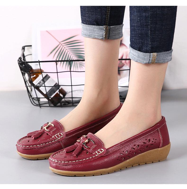 Womens Stevvex burgundy leather flats with tassel ornament, slip-on espadrille tan sole on Tampa Home & Garden Store