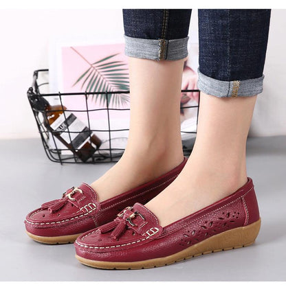 Womens Stevvex burgundy leather flats with tassel ornament, slip-on espadrille tan sole on Tampa Home & Garden Store
