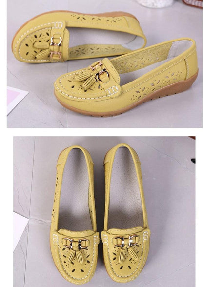 Womens yellow genuine leather flats slip-on by Stevvex with tassel buckle on Tampa Home & Garden Store