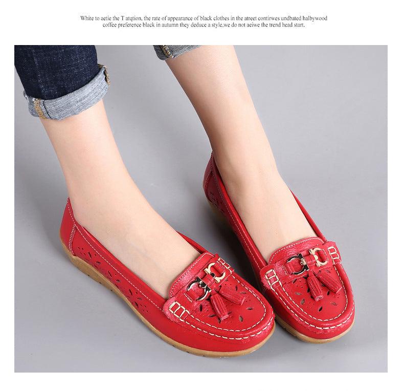 Red Stevvex women's slip-on flats with tassel and metal buckle ornament in genuine leather on Tampa Home & Garden Store