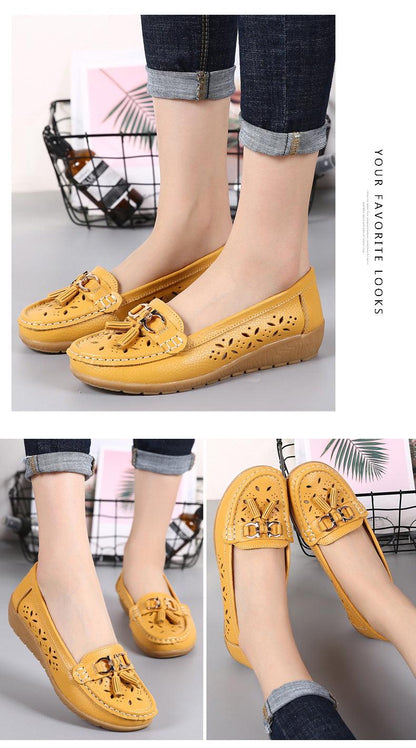 Womens yellow genuine leather flats with tassels and floral cutouts, slip-on espadrille style on Tampa Home & Garden Store