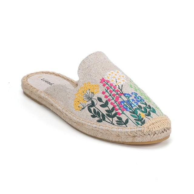 Floral embroidered hemp slide slipper by Stevvex with a natural jute sole on Tampa Home & Garden Store