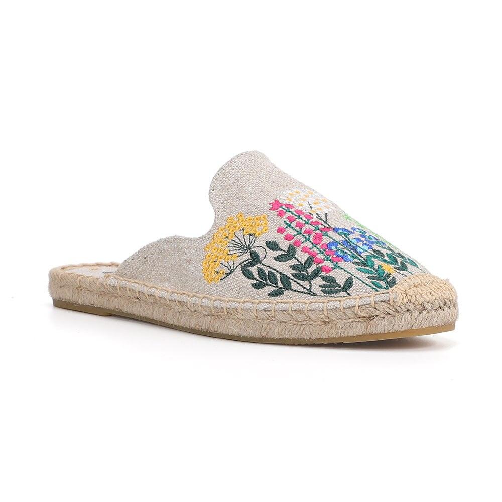 Hemp slide slippers Stevvex with floral embroidery on beige woven upper and espadrille sole on Tampa Home & Garden Store