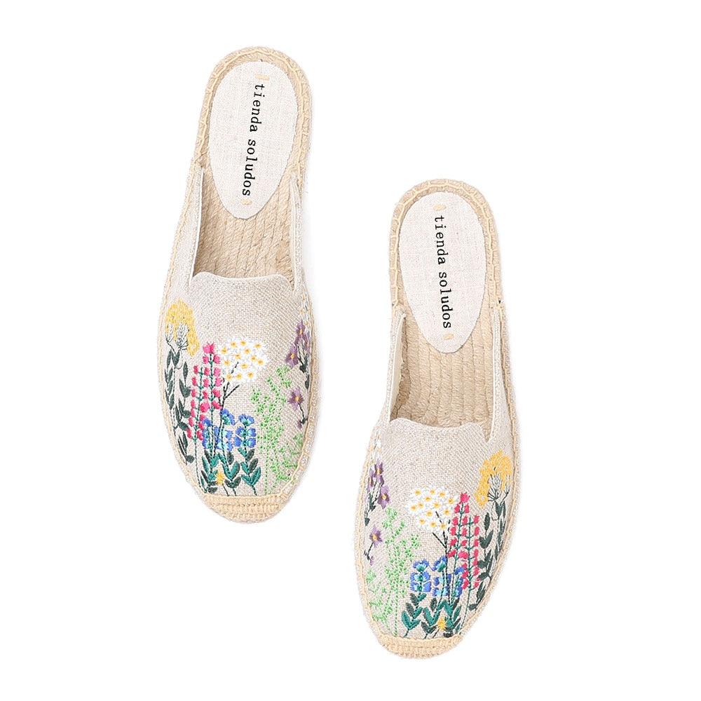 Stevvex hemp slide slippers, beige with colorful floral embroidery, orthopedic comfort, pair on Tampa Home & Garden Store