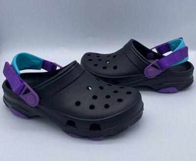 Stevvex comfy non slip beach clogs, black with purple straps and teal lining, pair shown on Tampa Home & Garden Store