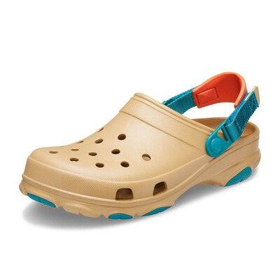 Stevvex comfy non-slip beach clogs tan with teal adjustable strap slippers on Tampa Home & Garden Store