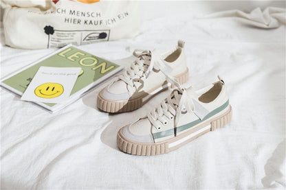 Stevvex canvas sneakers beige low-cut casual flats with teal side stripe on Tampa Home & Garden Store