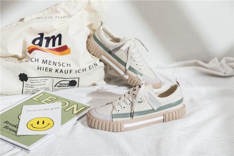 Womens canvas sneakers pair striped beige and green low-cut vulcanized sole Stevvex on Tampa Home & Garden Store