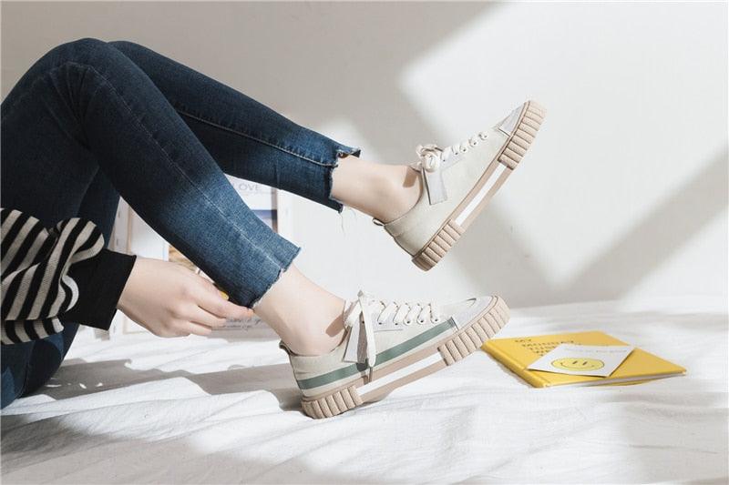Women's cream canvas sneakers with striped mint accent and chunky vulcanized sole, low-cut casual trainers on Tampa Home & Garden Store