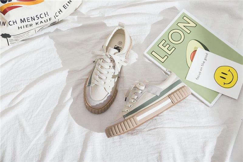 Stevvex women's canvas sneakers pair, cream beige with green stripe, vulcanized sole on Tampa Home & Garden Store