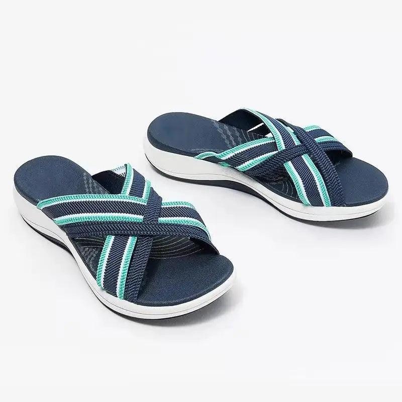 Stevvex navy blue retro sandals with turquoise striped cross straps and cushioned footbed on Tampa Home & Garden Store