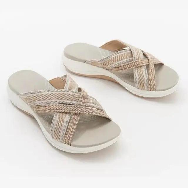 Womens New Summer Retro Sandals beige woven crisscross straps Stevvex flat casual beach sandals on Tampa Home & Garden Store