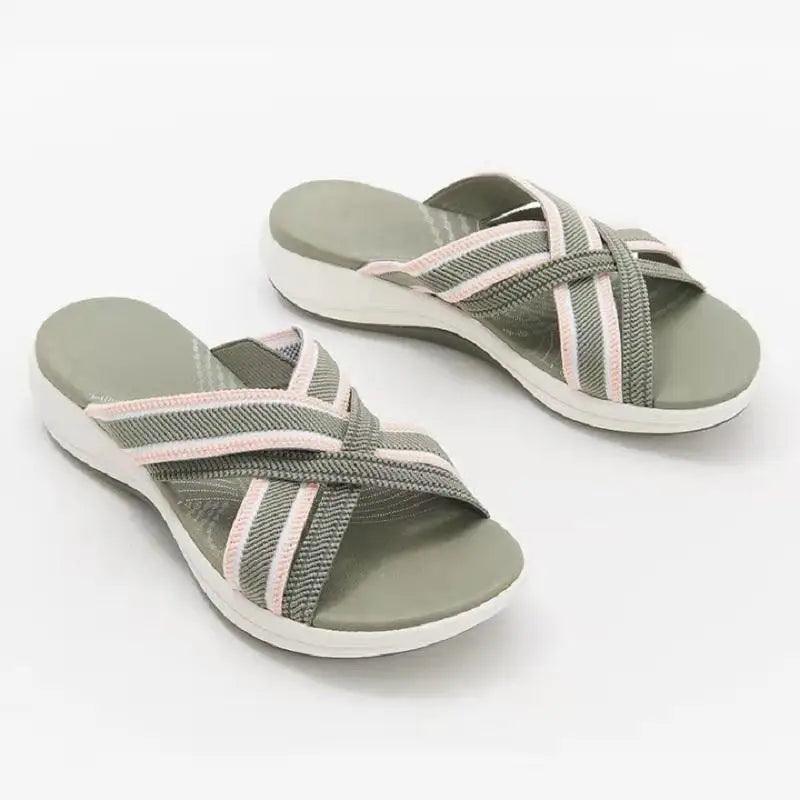 Stevvex womens retro sandals gray fabric cross straps with pink trim, cushioned footbed on Tampa Home & Garden Store