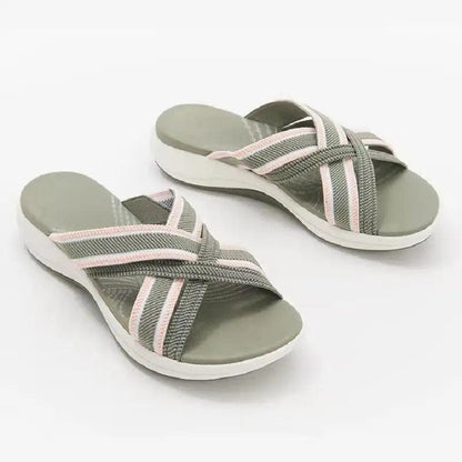 Stevvex womens retro sandals gray fabric cross straps with pink trim, cushioned footbed on Tampa Home & Garden Store