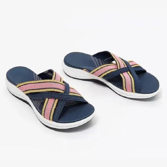 Stevvex womens retro sandals navy with pink-yellow cross straps, flat casual beach pair on Tampa Home & Garden Store