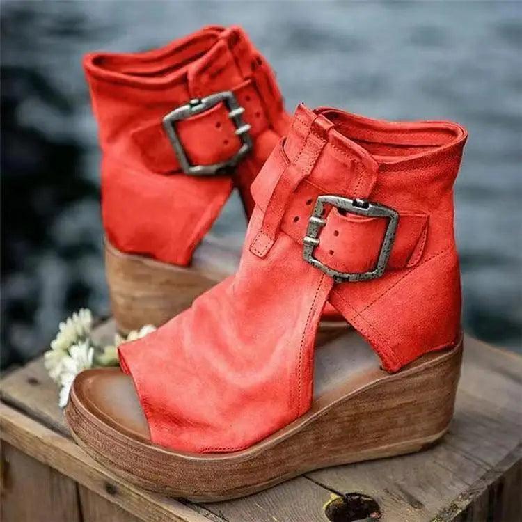 Women's red suede wedge sandals by Stevvex with peep toe, buckled ankle straps, platform heel on Tampa Home & Garden Store