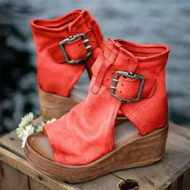 Womens red leather wedge sandals with peep toe and buckled ankle strap Stevvex ST32302FMD on Tampa Home & Garden Store
