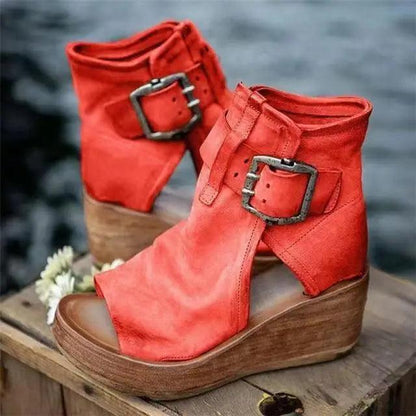 Womens red leather wedge sandals with peep toe and buckled ankle strap Stevvex ST32302FMD on Tampa Home & Garden Store