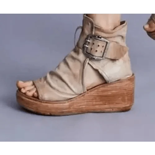Womens beige leather wedge sandal with peep toe and buckled ankle strap on Tampa Home & Garden Store