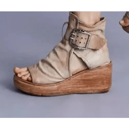 Womens beige leather wedge sandal with peep toe and buckled ankle strap on Tampa Home & Garden Store