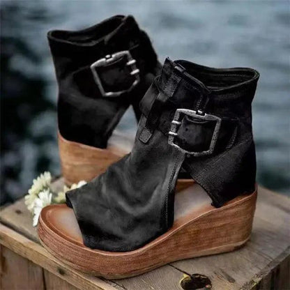 Womens black leather wedge sandals with buckled ankle straps for summer on Tampa Home & Garden Store