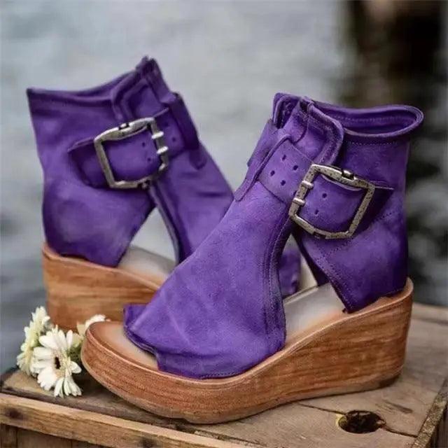 Stevvex womens purple wedge sandals with peep toe and buckle ankle strap on Tampa Home & Garden Store