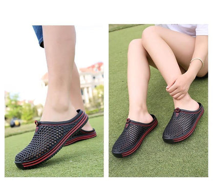 Womens hollow-out breathable mesh sandals red-trim sole slip-on EVA slippers pair on Tampa Home & Garden Store