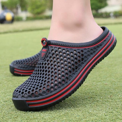 Womens sandals Stevvex black hollow-out breathable mesh with red trim EVA massage sole on Tampa Home & Garden Store