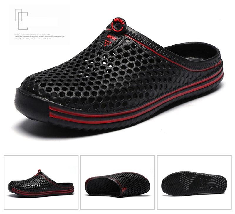 Womens Stevvex black perforated mesh sandals with red trim, slip-on breathable beach slippers on Tampa Home & Garden Store