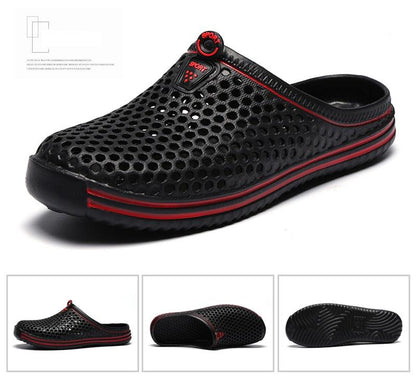 Womens Stevvex black perforated mesh sandals with red trim, slip-on breathable beach slippers on Tampa Home & Garden Store