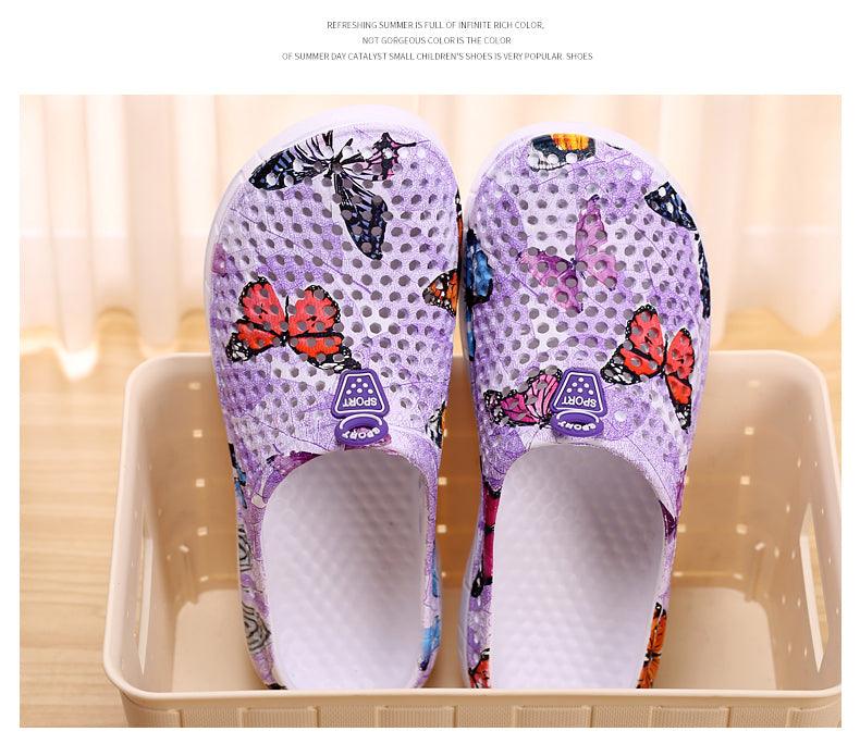Stevvex womens slip-on quick-dry water clogs with purple butterfly mesh print slippers on Tampa Home & Garden Store