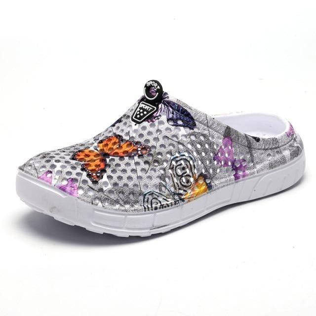 Stevvex women's slip-on quick-dry water clogs with breathable mesh and grey butterfly print on Tampa Home & Garden Store