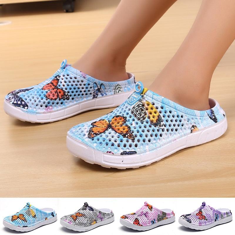 Womens Stevvex Slip-On Quick Dry Water Clogs blue butterfly mesh perforated slippers on Tampa Home & Garden Store