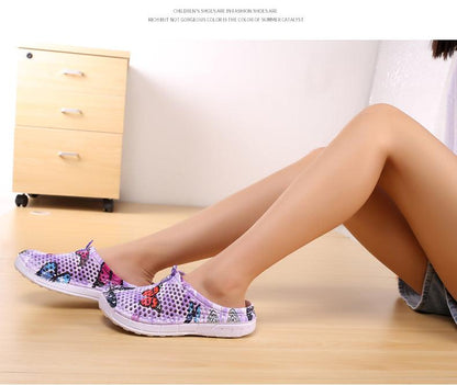 Womens slip-on quick-dry water clogs with purple butterfly mesh print by Stevvex slippers on Tampa Home & Garden Store