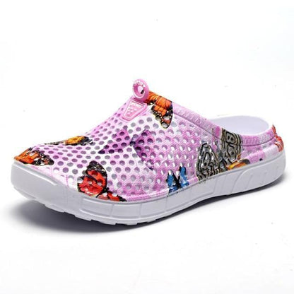 Stevvex women's slip-on quick-dry water clogs, pink mesh with butterfly print, white sole on Tampa Home & Garden Store