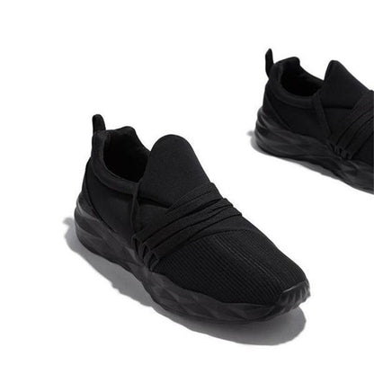 Stevvex womens black knit sneakers with wrapped midfoot strap and chunky outsole pair on Tampa Home & Garden Store