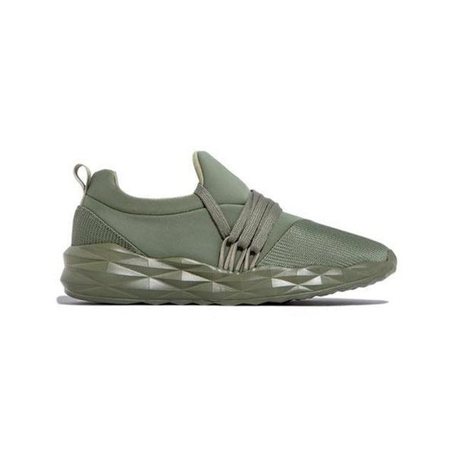 Womens Stevvex green knit sneakers with geometric chunky sole and wraparound straps on Tampa Home & Garden Store
