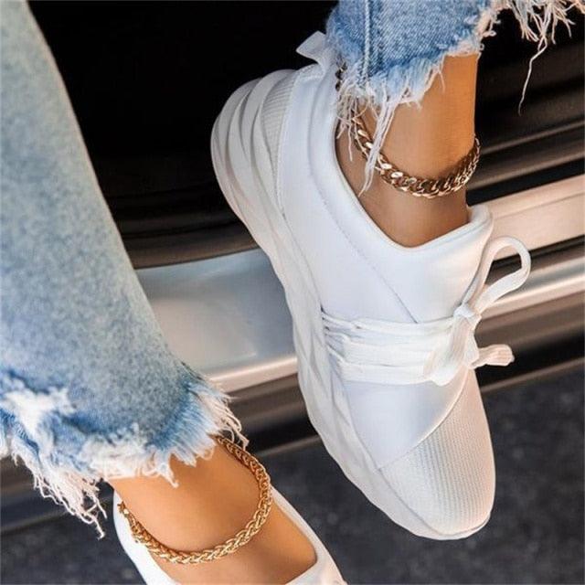 Womens white breathable lace-up vulcanized sneakers Stevvex with thick sole on Tampa Home & Garden Store