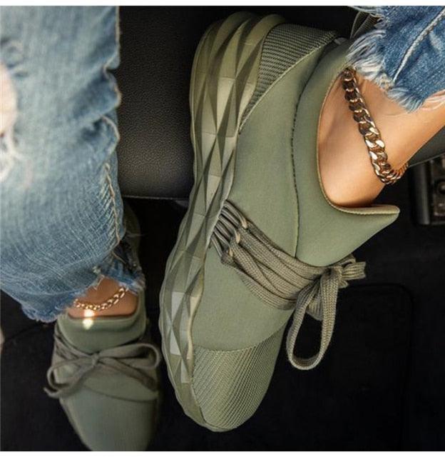 Stevvex womens olive green lace-up sneakers with chunky sole casual breathable sport shoes on Tampa Home & Garden Store