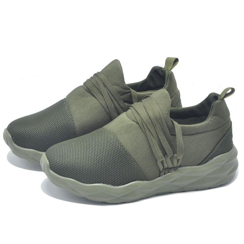 Pair of olive green mesh sneakers for women with a chunky cushioned sole and knit upper on Tampa Home & Garden Store