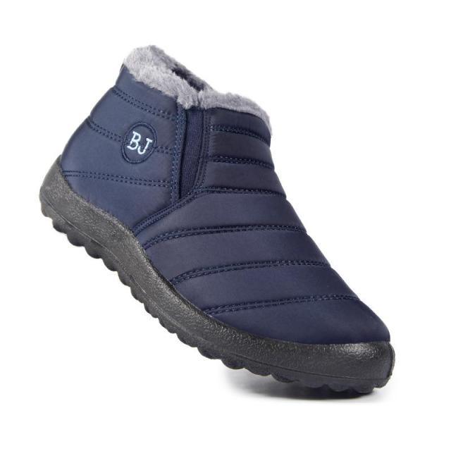 Stevvex navy womens snow boots ankle-length fur-lined waterproof slip-on with BJ patch on Tampa Home & Garden Store