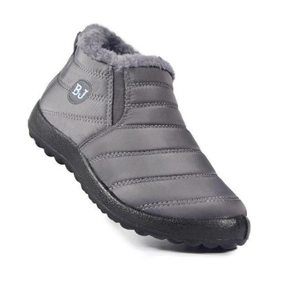 Womens quilted gray ankle snow boots by Stevvex with plush fur lining and waterproof exterior on Tampa Home & Garden Store