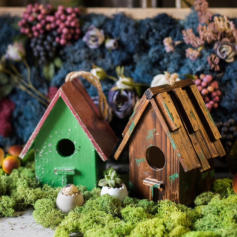 Wood Craft Bird's House Ornament 2 green brown birdhouses on mossy ground by RusticReach on Tampa Home & Garden Store