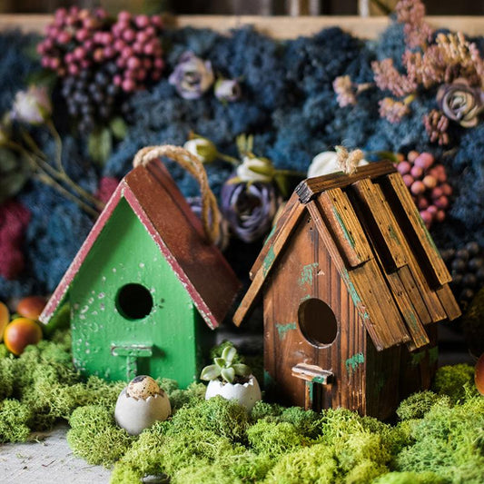 Wood Craft Bird's House Ornament 2 green brown birdhouses on mossy ground by RusticReach on Tampa Home & Garden Store