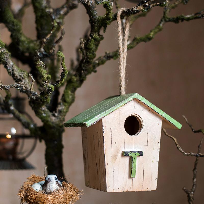 Wood Craft Bird's House Ornament RusticReach hanging by twine with green roof and birds on Tampa Home & Garden Store