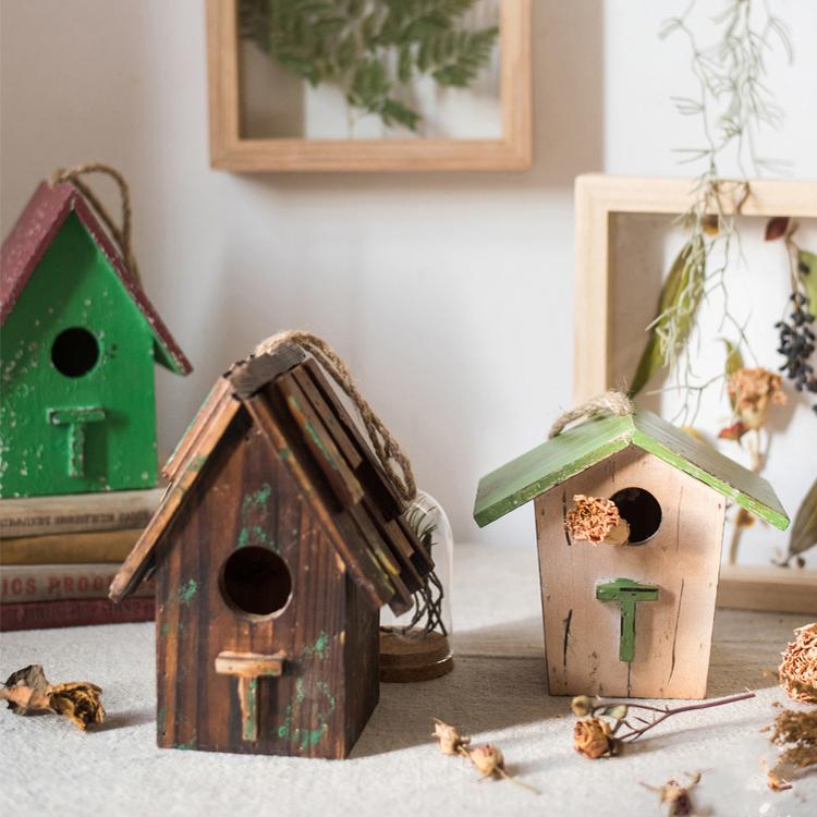 Wood Craft Bird's House Ornament trio in aged brown and beige with green roof by RusticReach on Tampa Home & Garden Store