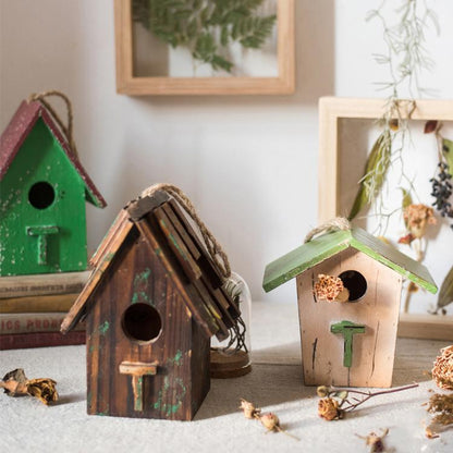 Wood Craft Bird's House Ornament trio in aged brown and beige with green roof by RusticReach on Tampa Home & Garden Store